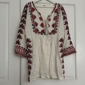 Free People Embroidered Peasant Tunic Dress | Boho Festival Top Ivory Red